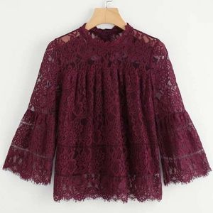 Burgundy Lace Top Flounce Sleeve Smock Top